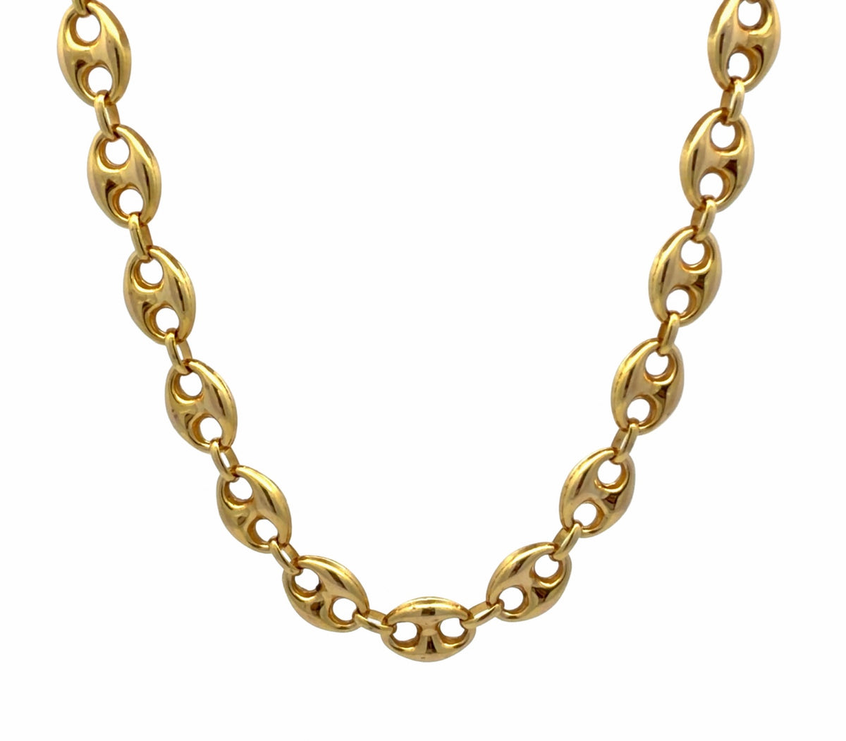 14K yellow gold mariner link necklace, 24 inches long and 9mm wide, front view