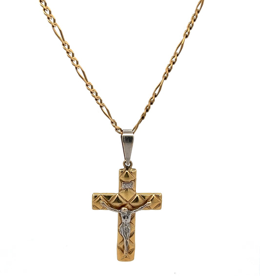 yellow gold figueroa link chain with a yellow and white gold cross pendant 