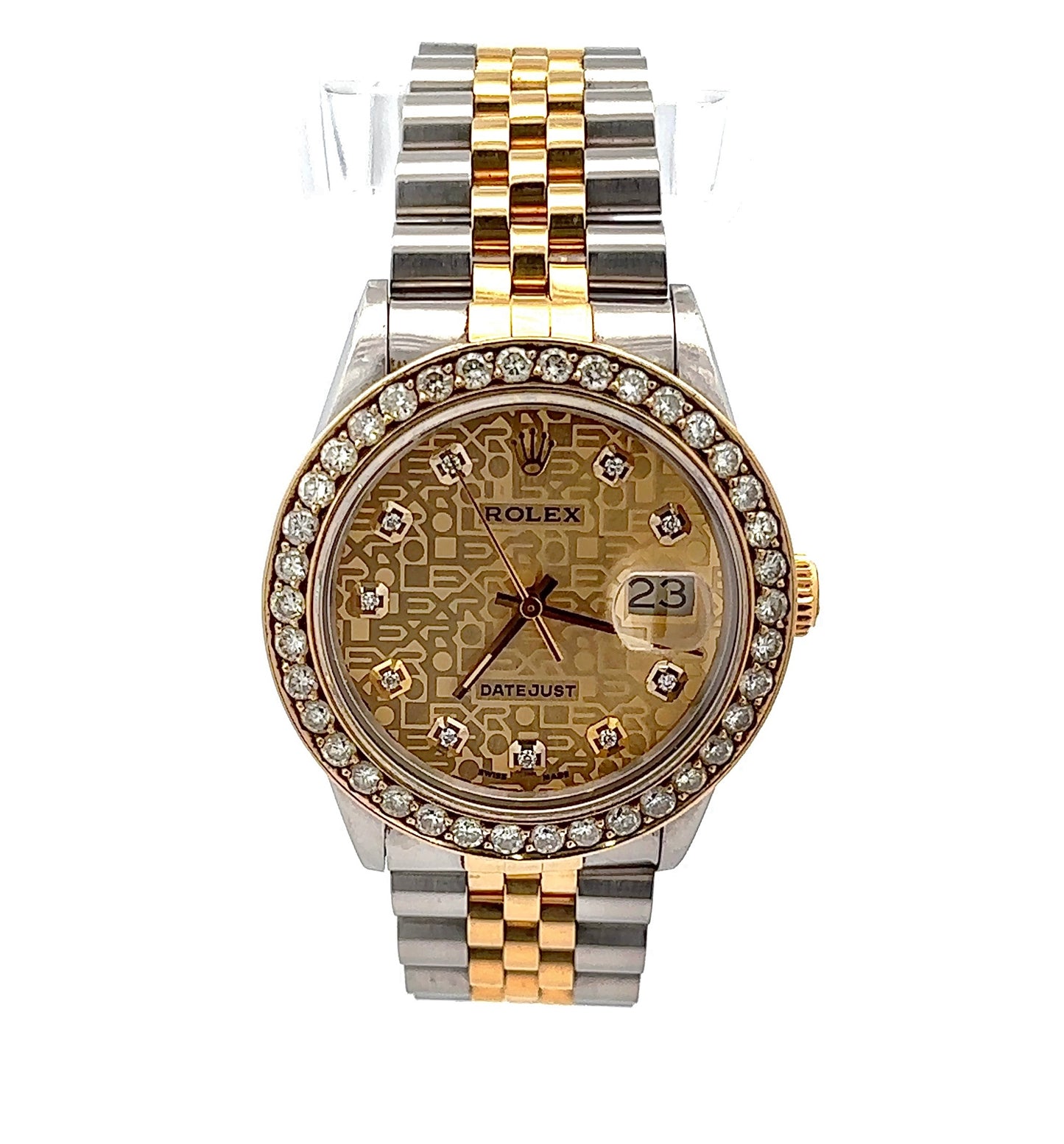 Front of Rolex Datejust with champagne dial, diamond hour markers, diamond bezel, and 18K yellow gold and stainless steel jubilee band