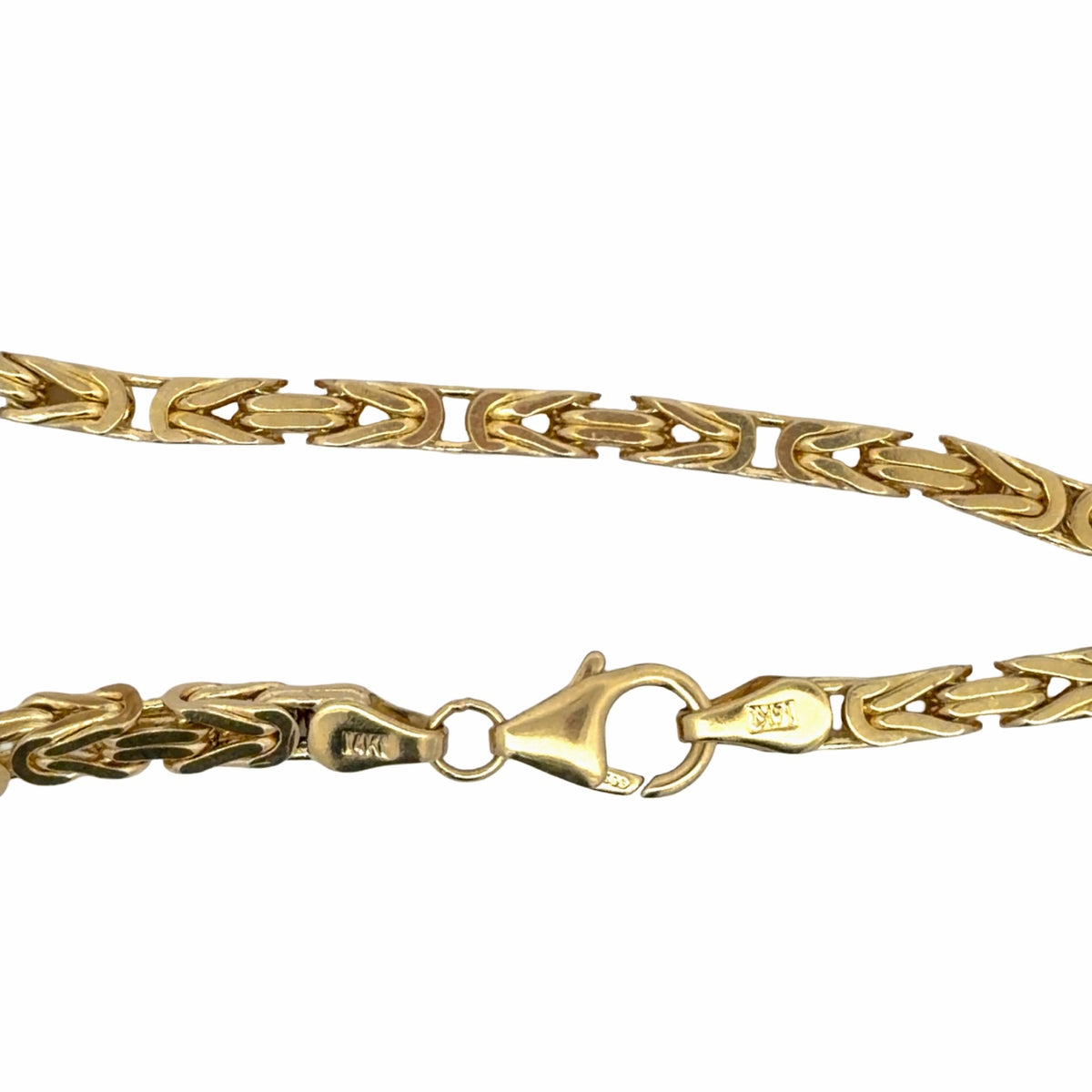 Detailed view of 14K yellow gold fancy link necklace showing lobster clasp and 14K hallmarks