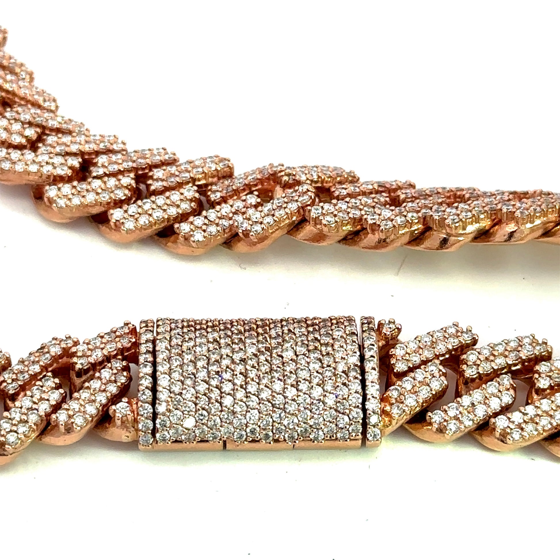 Box Clasp on rose gold diamond cuban link chain with diamonds on clasp