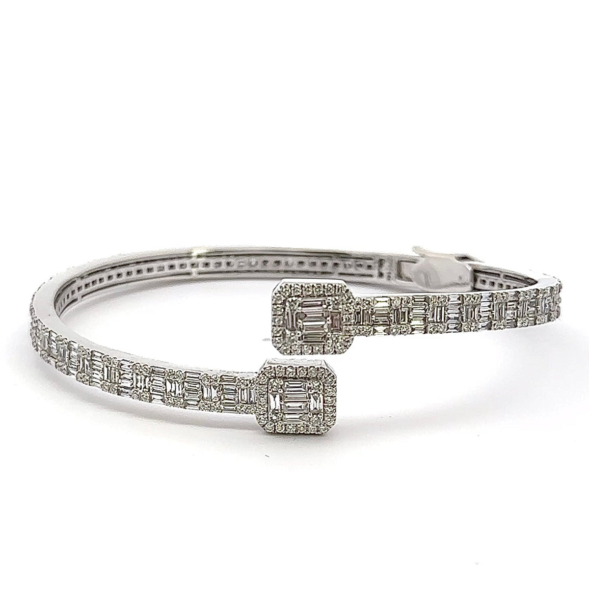 White gold diamond open cuff bangle bracelet on white background
