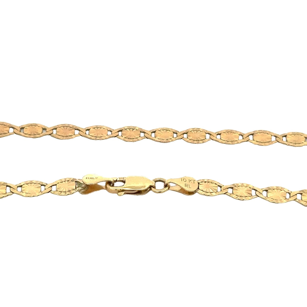 Close up of yellow gold valentino chain with lobster clasp and 10K stamp