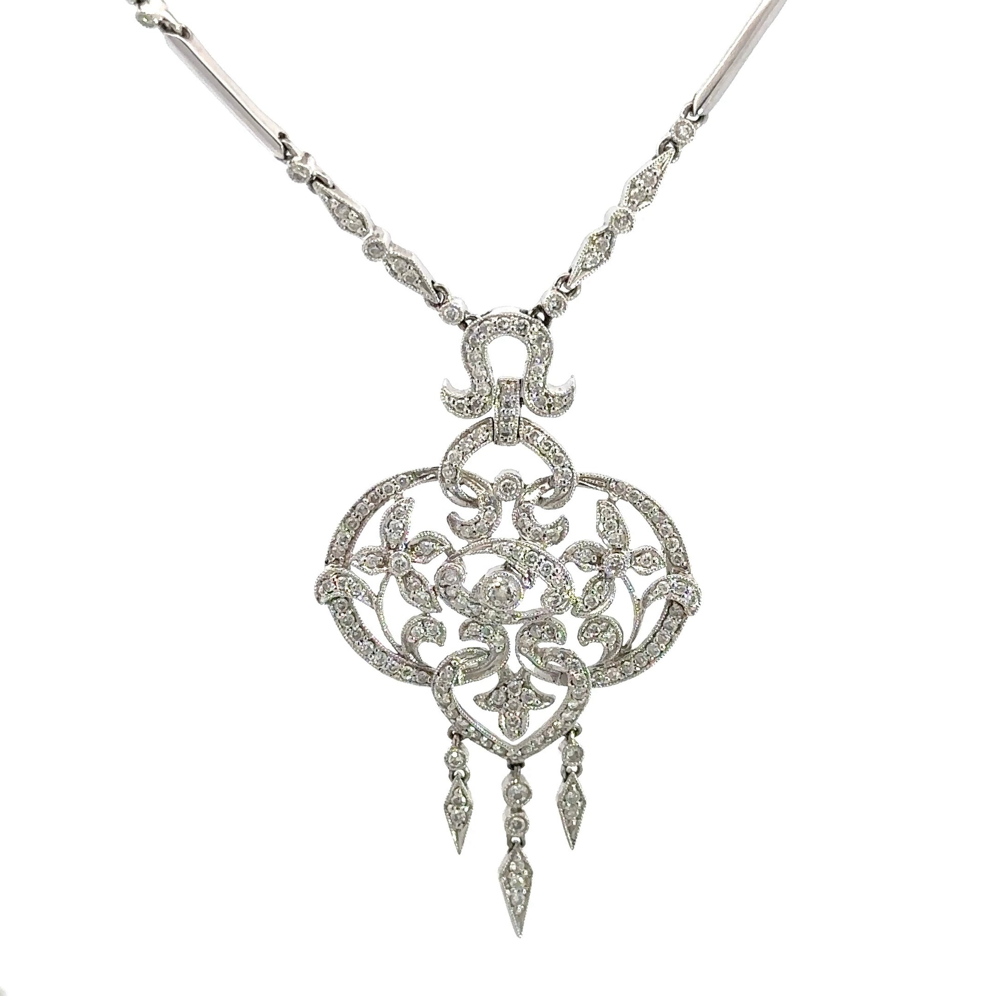 White Gold Diamond Necklace with Floral Diamond Pendant