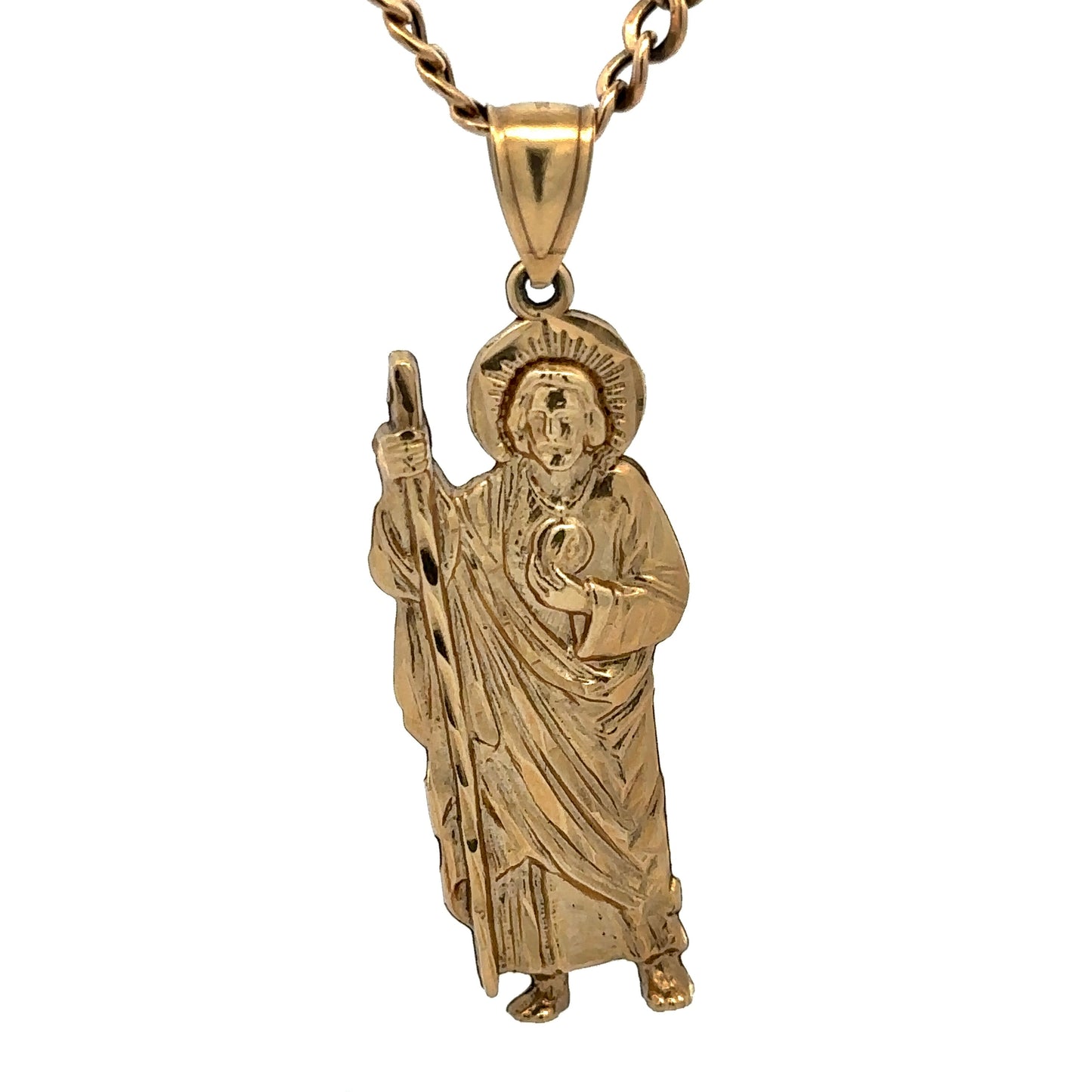 close up of yellow gold saint jude pendant
