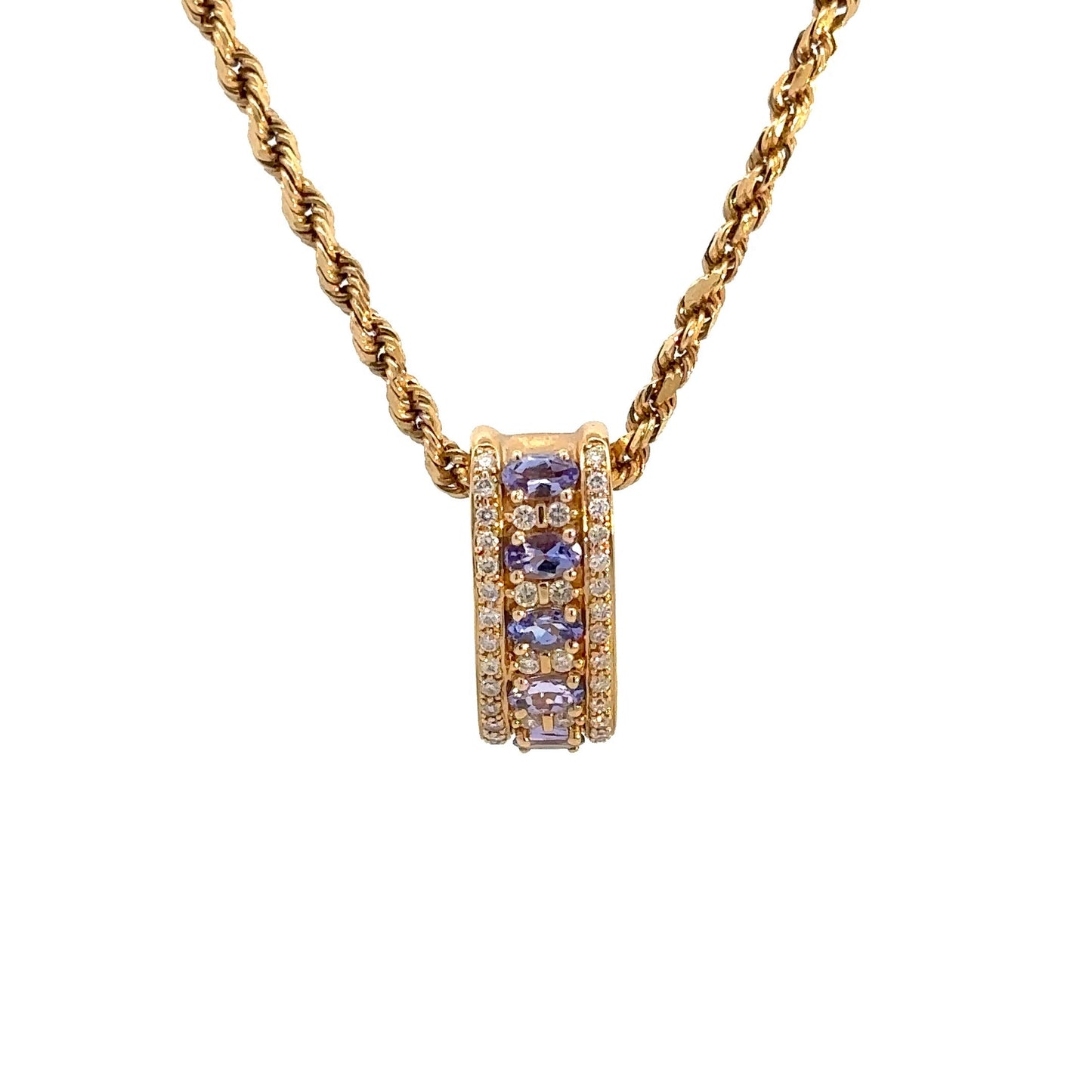 front of yellow gold rope chain and yellow gold diamond and gemstone pendant