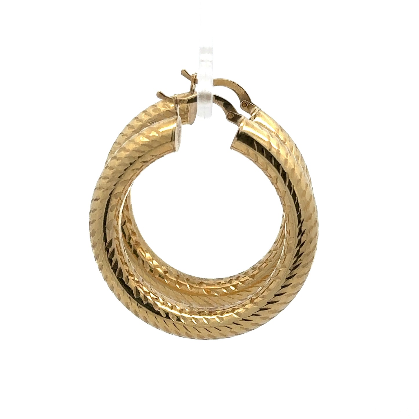 Side of yellow gold textured hoops