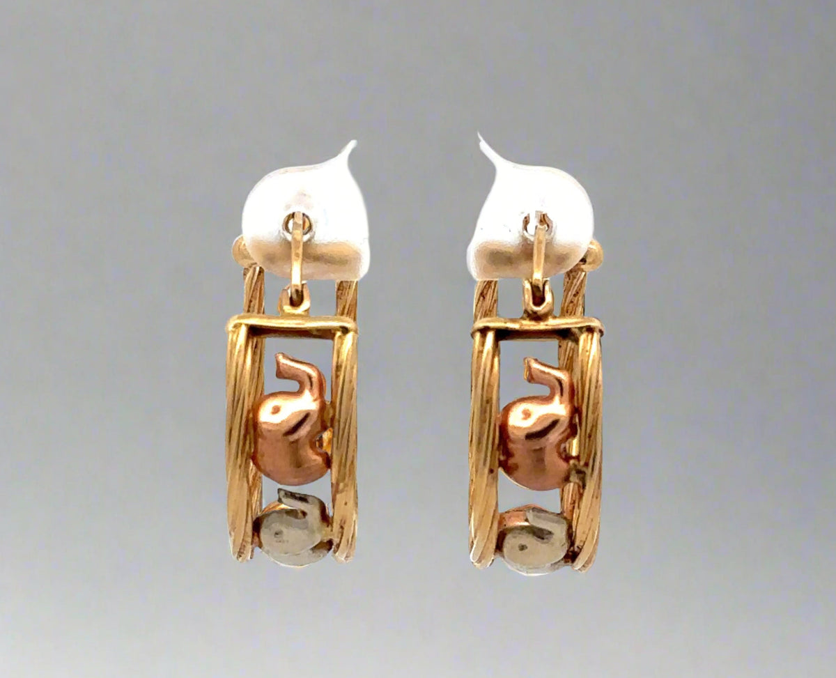 Elephant Hoop Earrings with yellow gold hoops + 3 elephants in rose gold + white gold
