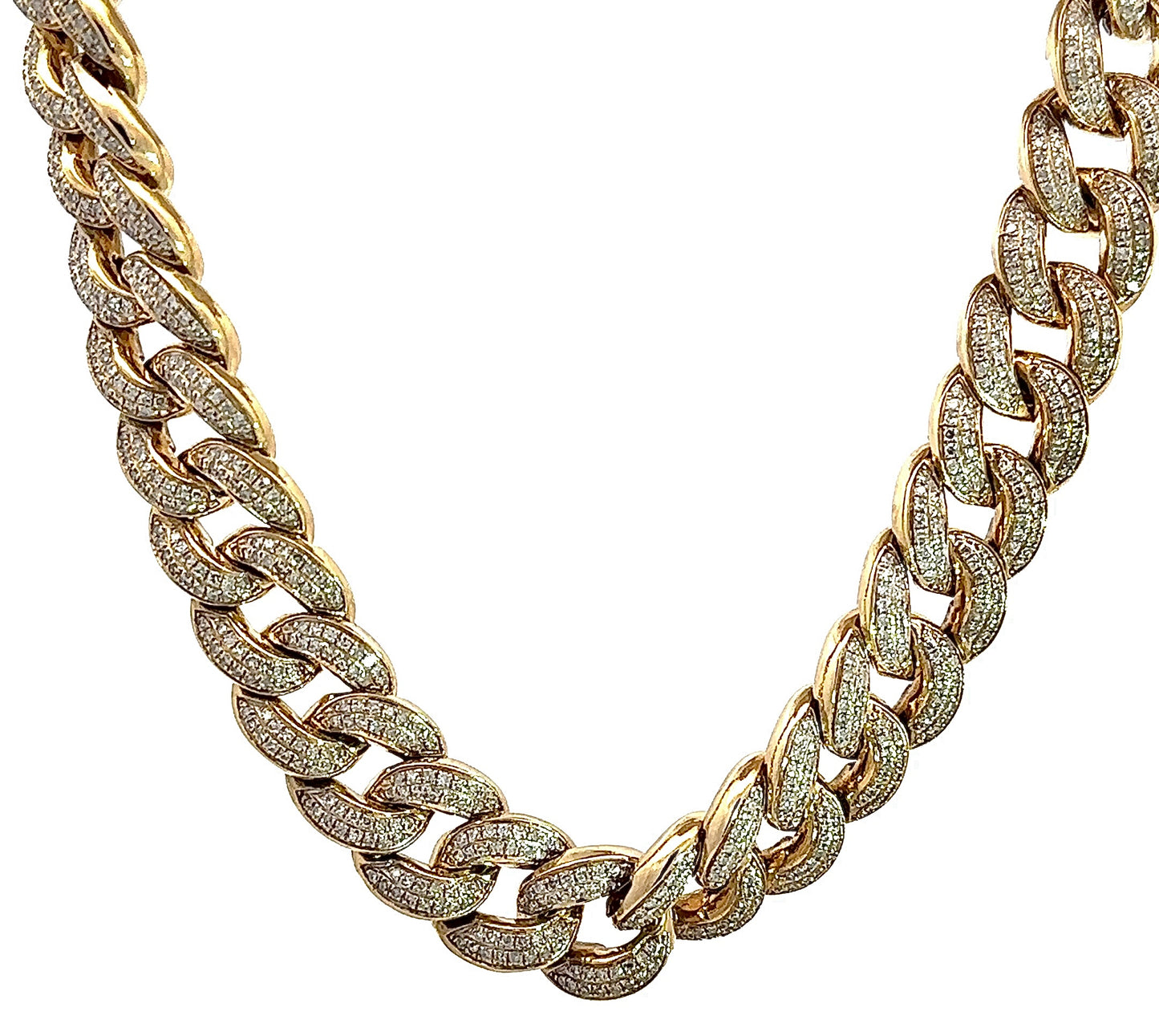 Hanging yellow gold diamond cuban link chain
