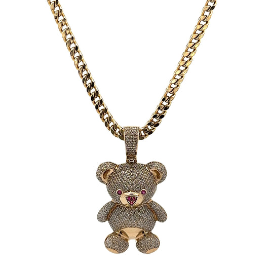 hanging yellow gold franco chain + yellow gold diamond teddy bear pendant with diamond chips + 5 pink stones on nose and eyes
