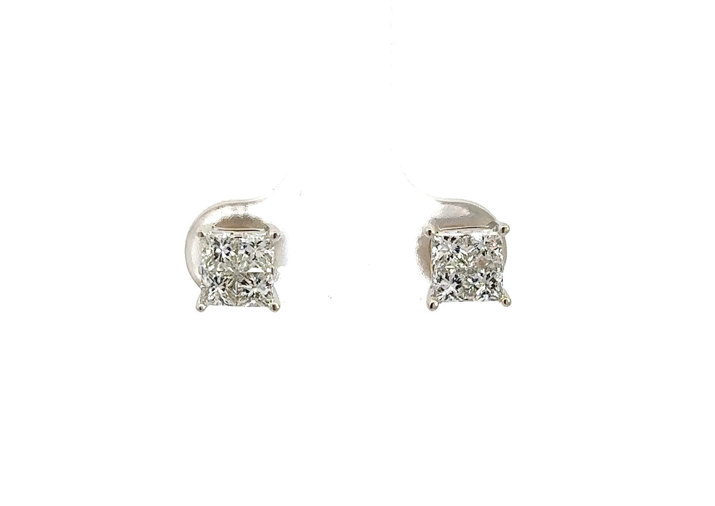 Front of diamond earrings with 4 princess-cut diamonds in each earring.