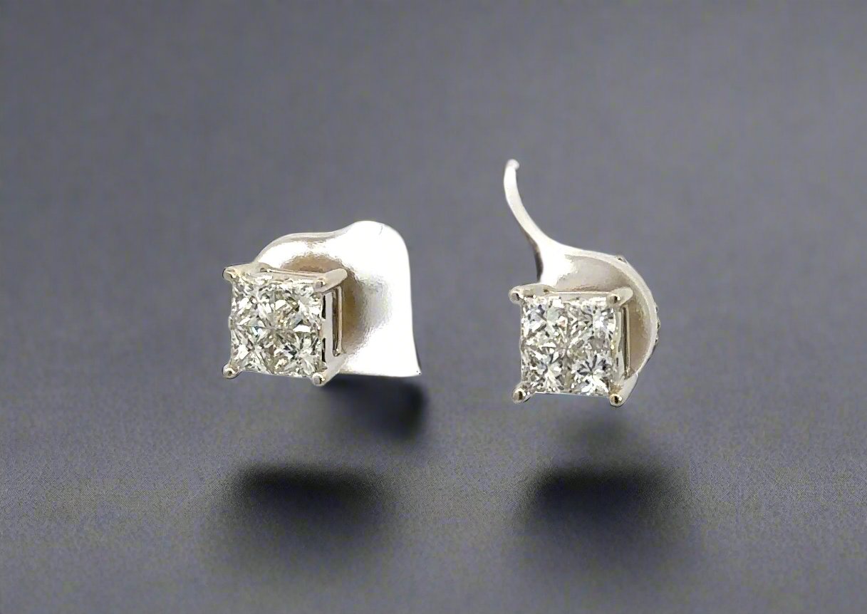 Diagonal view of princess-cut diamond earrings