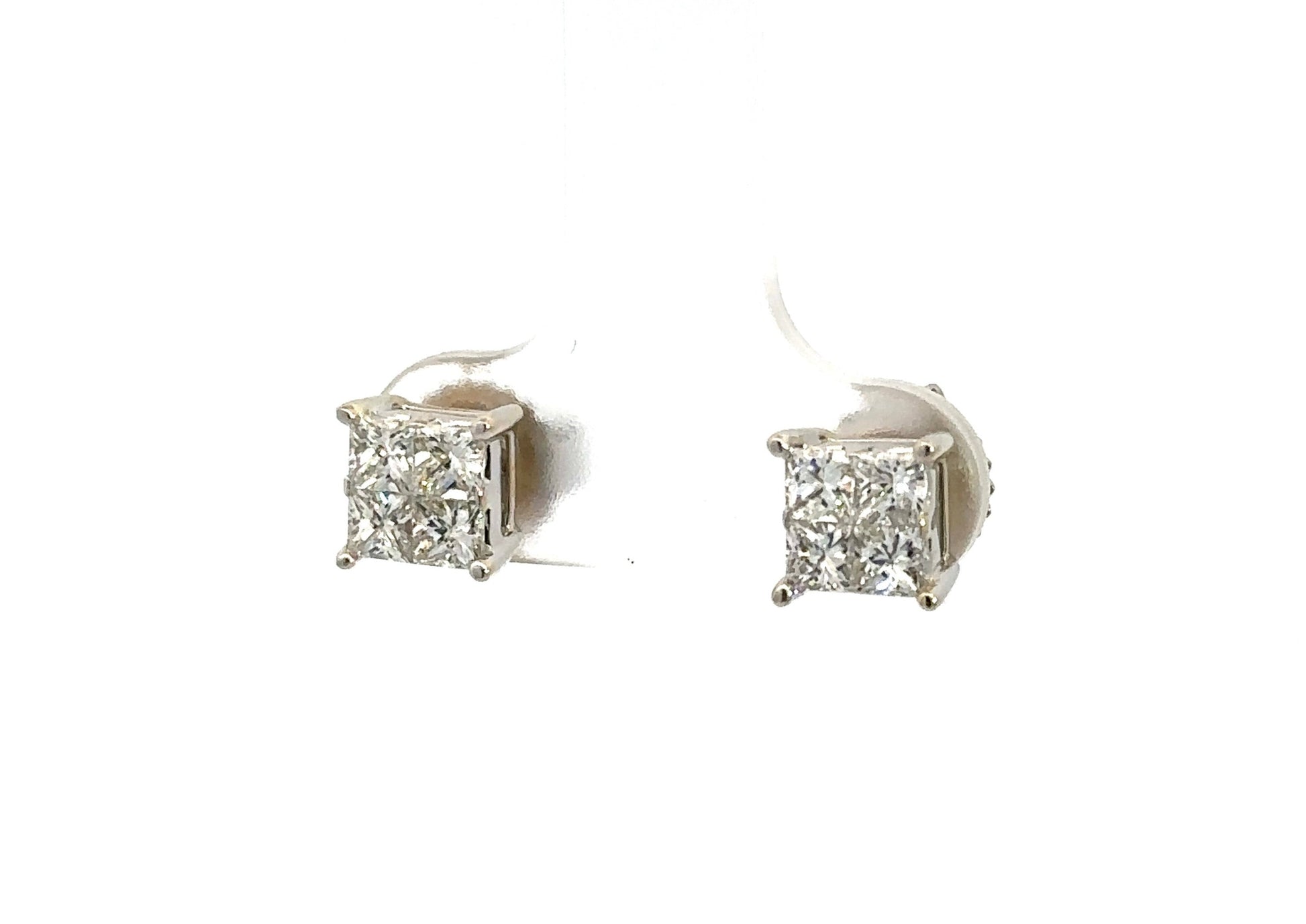 Diagonal view of princess-cut diamond earrings