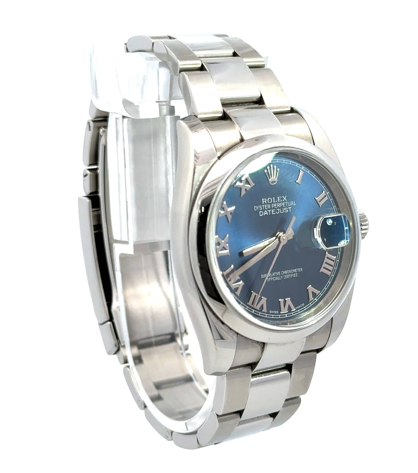 Diagonal view of rolex with blue roman numeral face and stainless steel case and band.