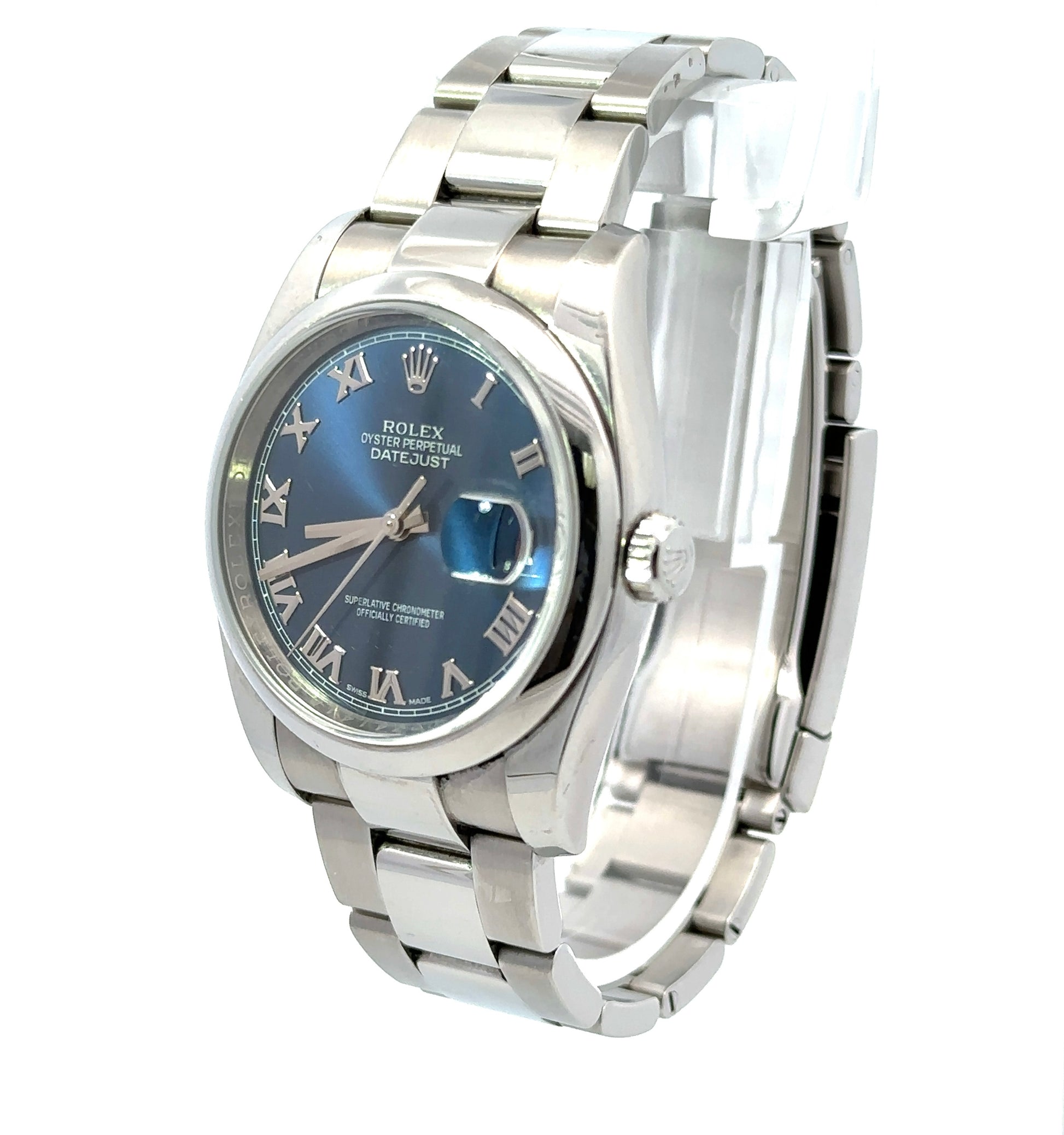 Diagonal view of stainless steel rolex with smooth bezel, oyster band, and blue roman numeral dial