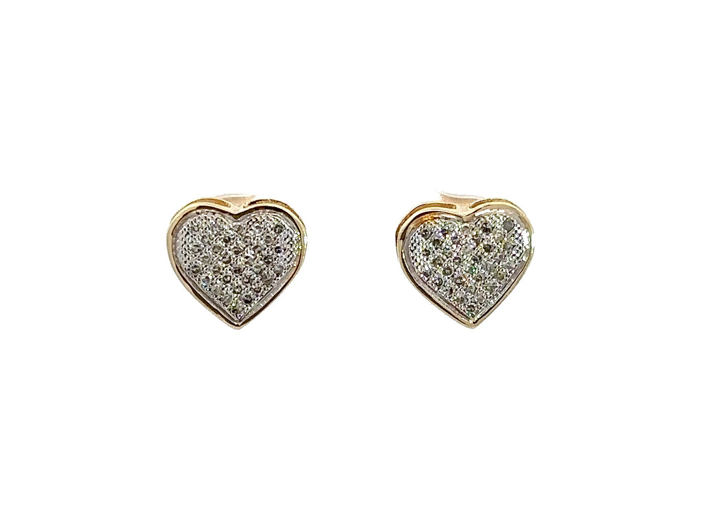 front of yellow and white gold heart earrings with small round diamonds on the heart