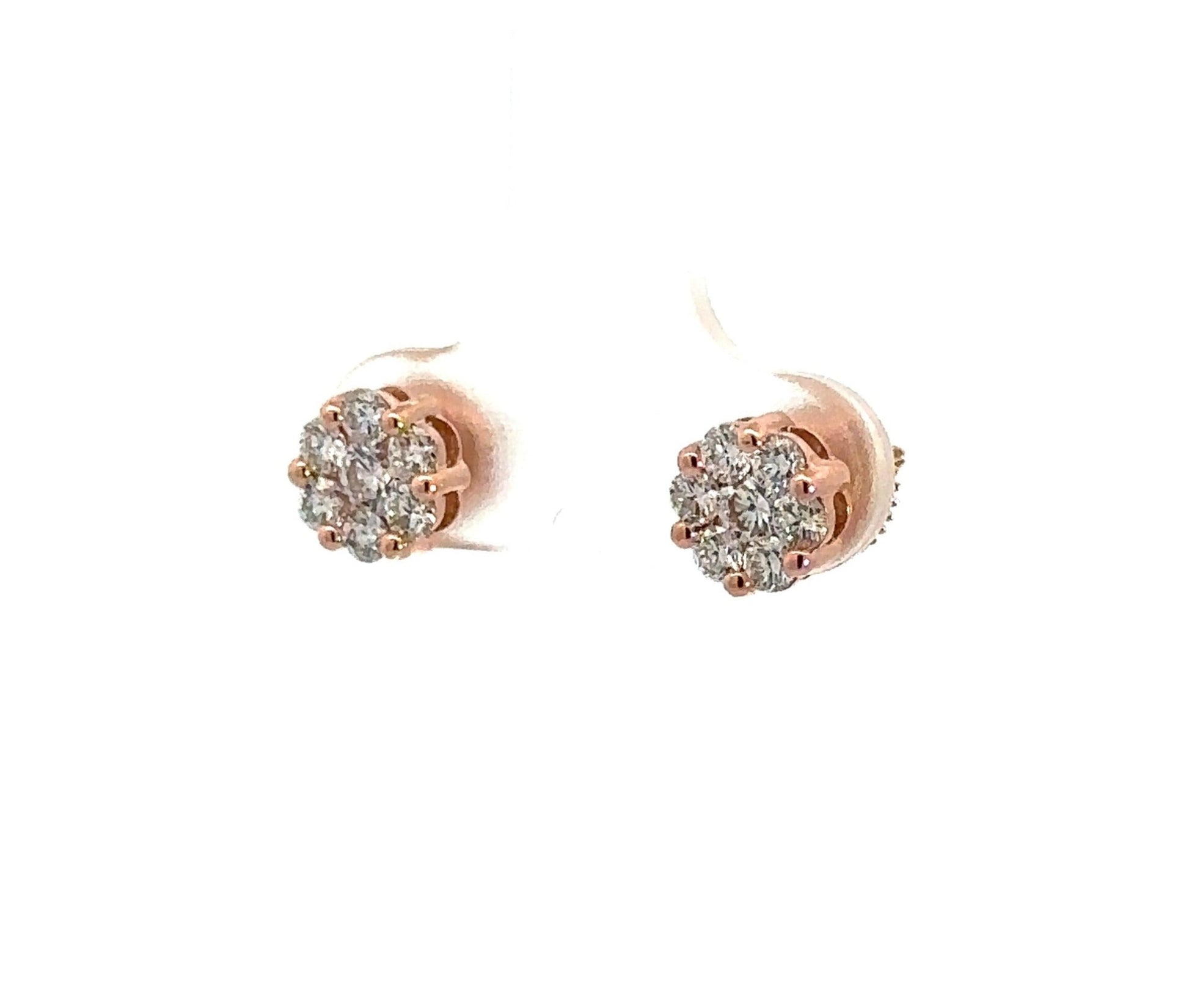 Diagonal view of rose gold diamond earrings