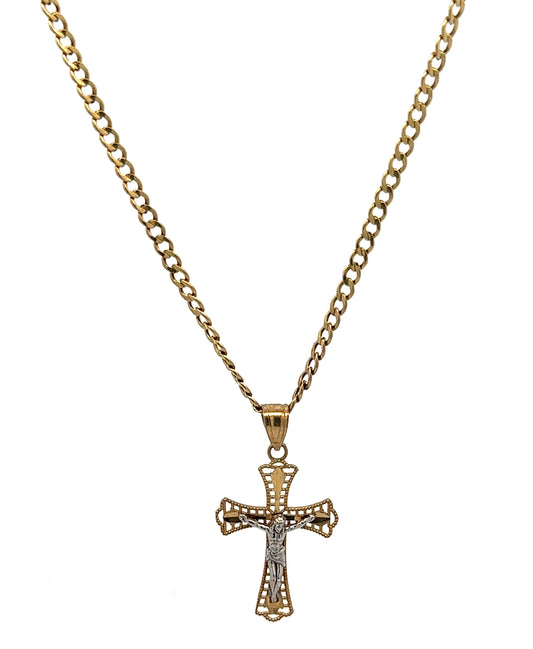 yellow gold link chain with a yellow and white gold cross pendant