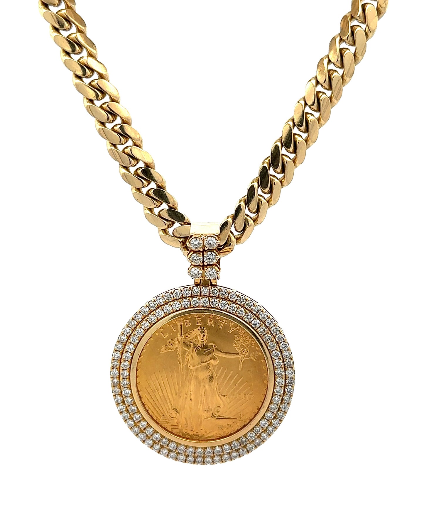 front of yellow gold cuban link chain with a 1997 american eagle gold coin with diamonds