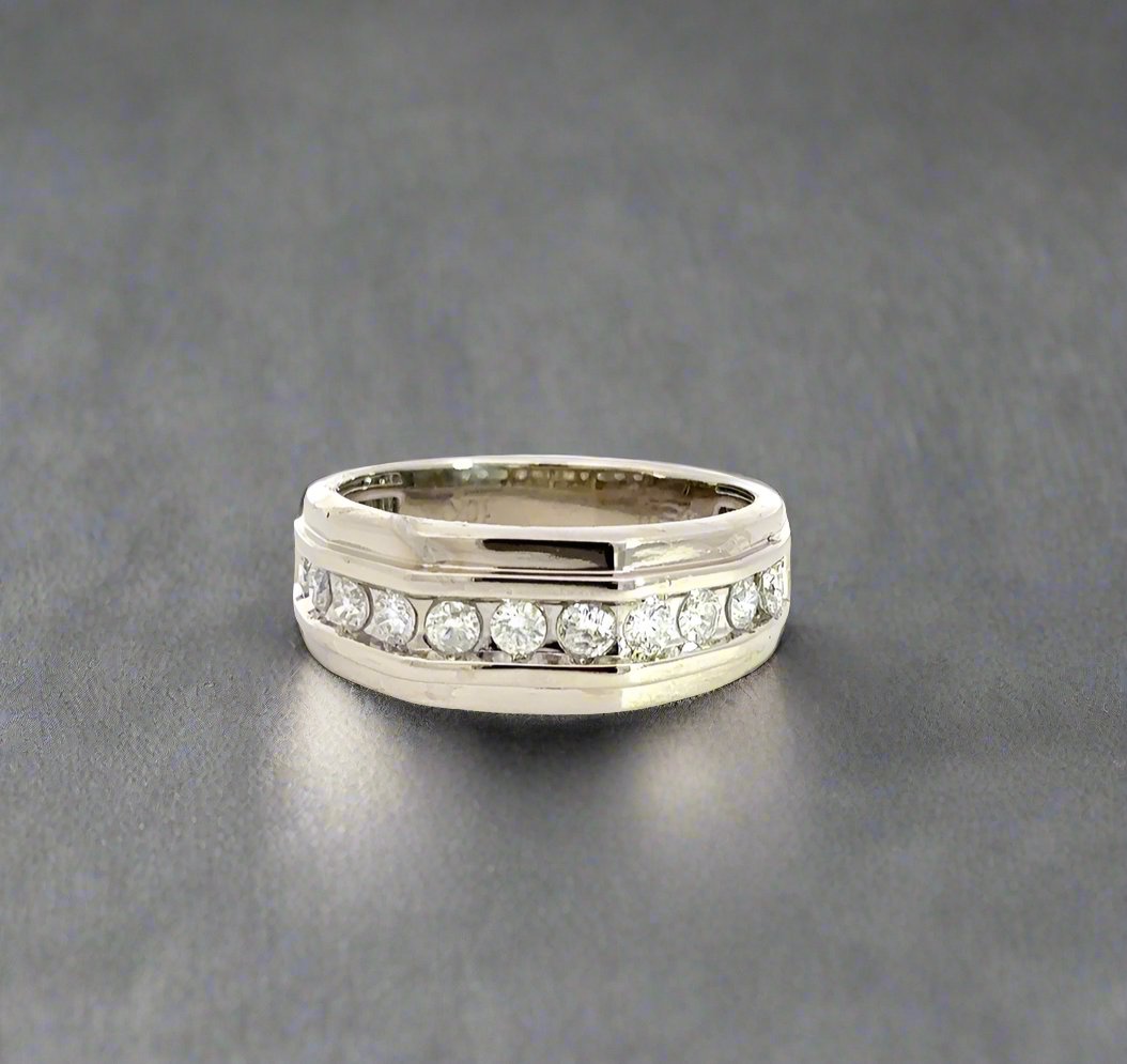 Front of white gold ring with round diamonds on half the band on front