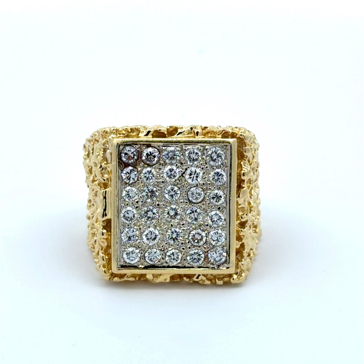 Front of gold nugget ring with diamonds on a square center