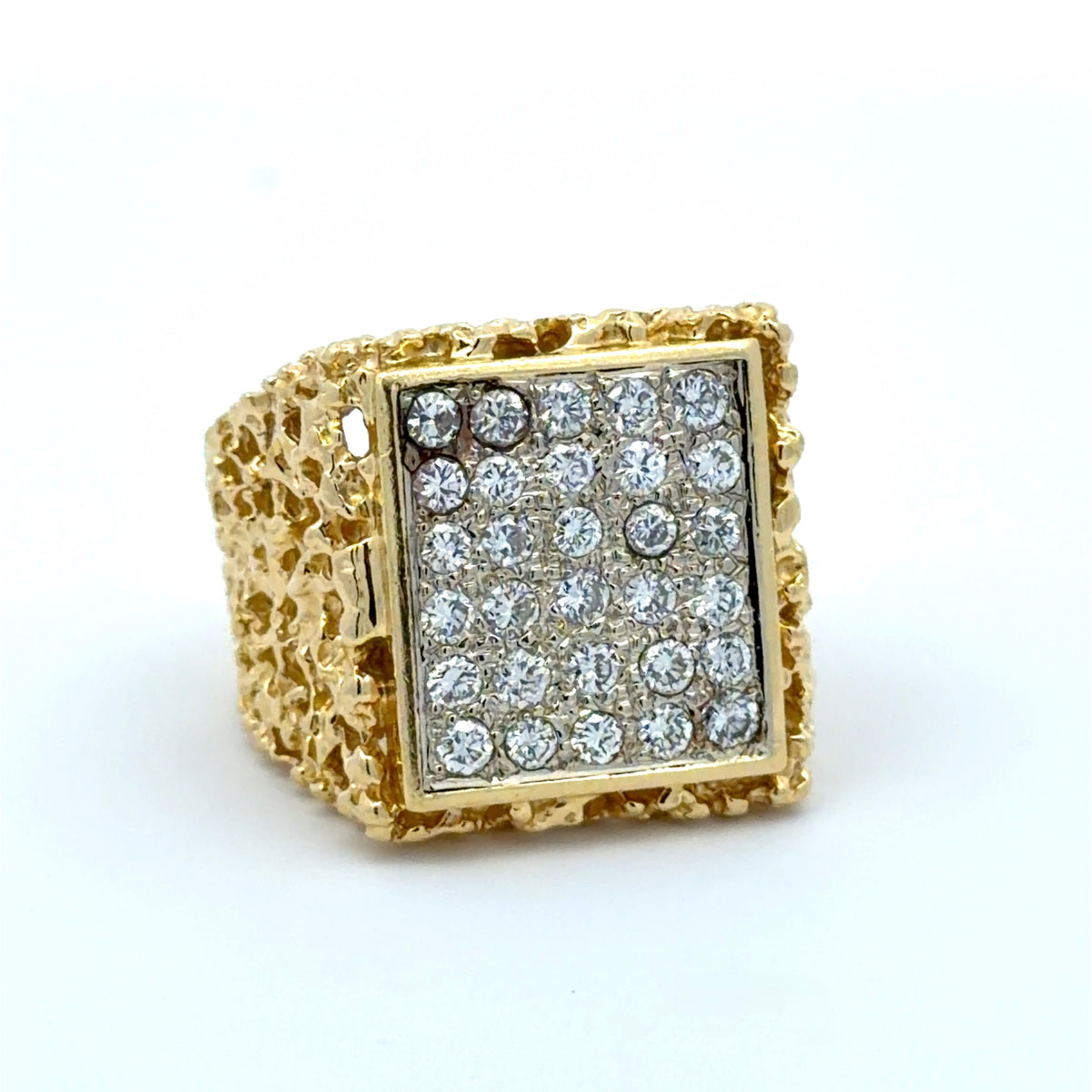 Gold nugget ring with diamond-studded square design on a white background