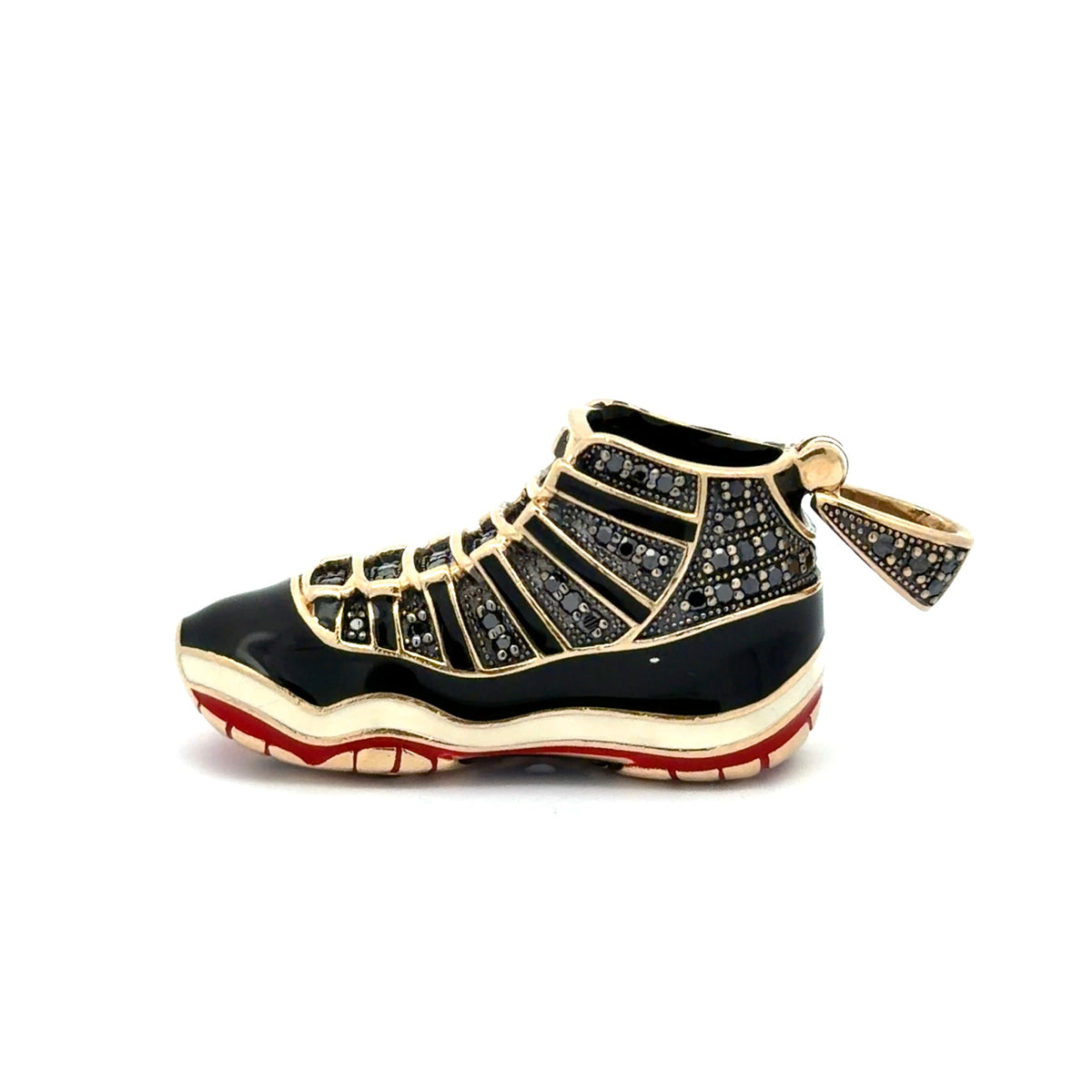 10K yellow gold basketball sneaker pendant with black diamonds