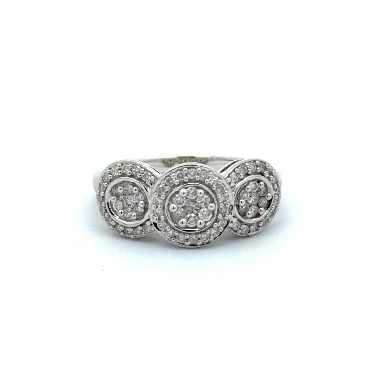 White gold ring with three circular diamond settings on a white background