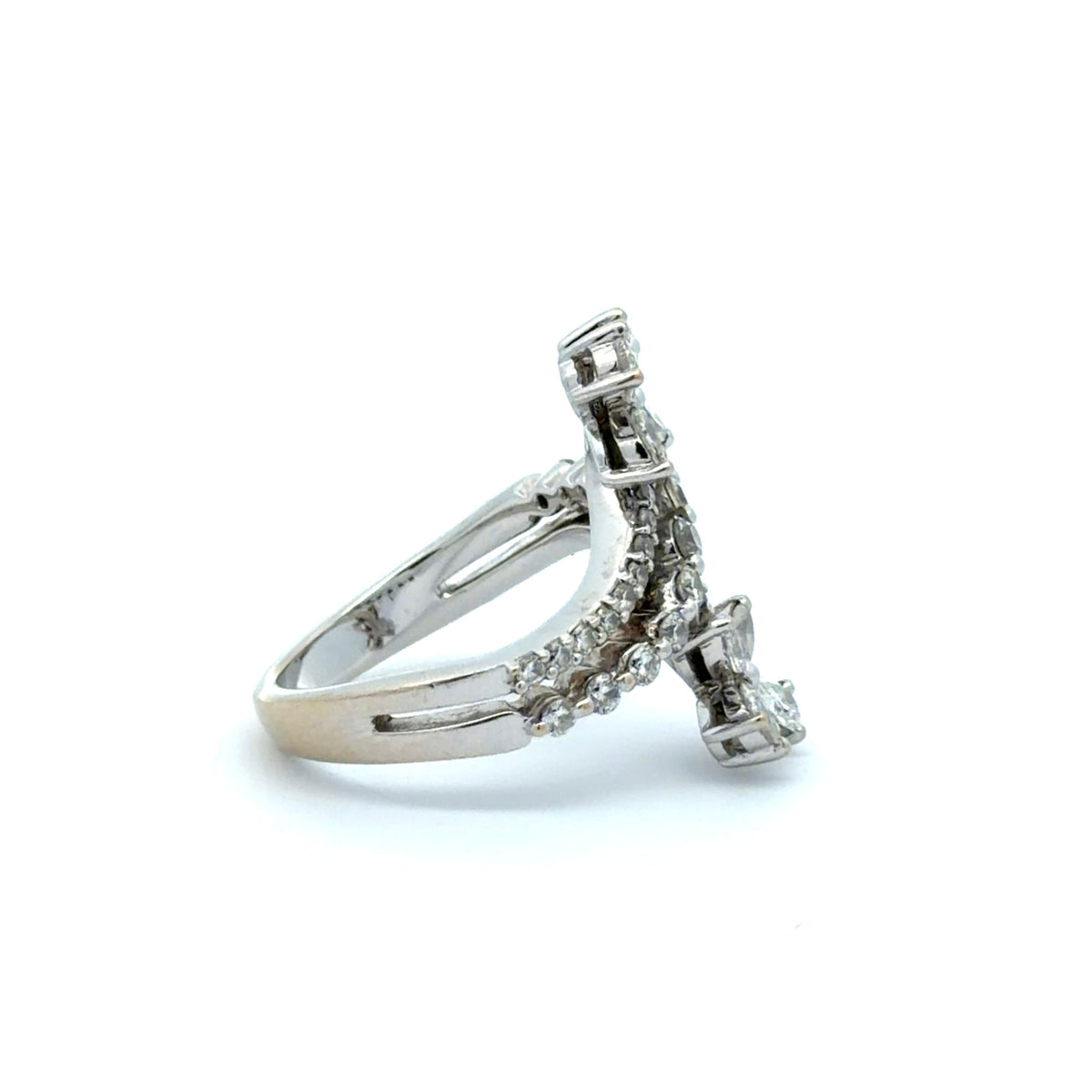 Side of white gold ring on a white background