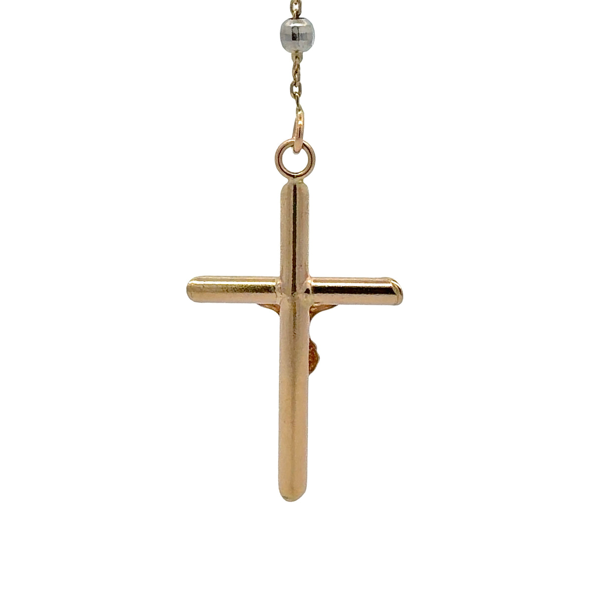A gold cross pendant necklace with a polished finish, suspended from a gold chain shown against a plain white background.