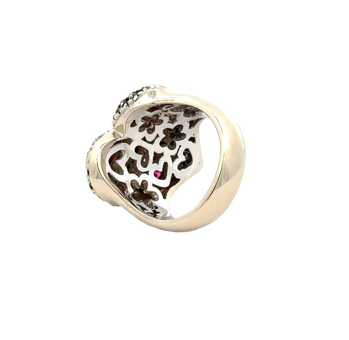 Back of white gold ring with heart and floral detailing on the inside