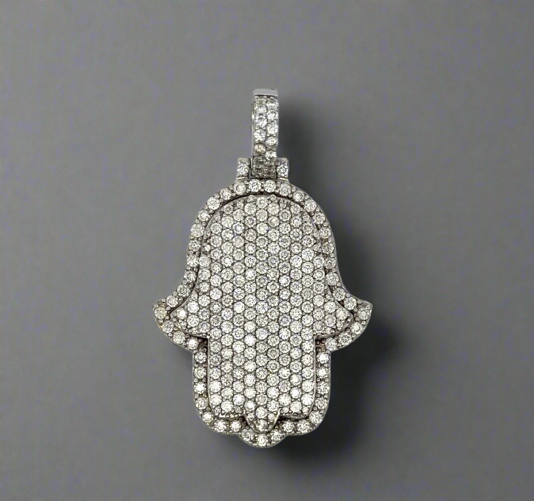 14K Solid White Gold Diamond Hamsa Hand Unisex Pendant – Mr