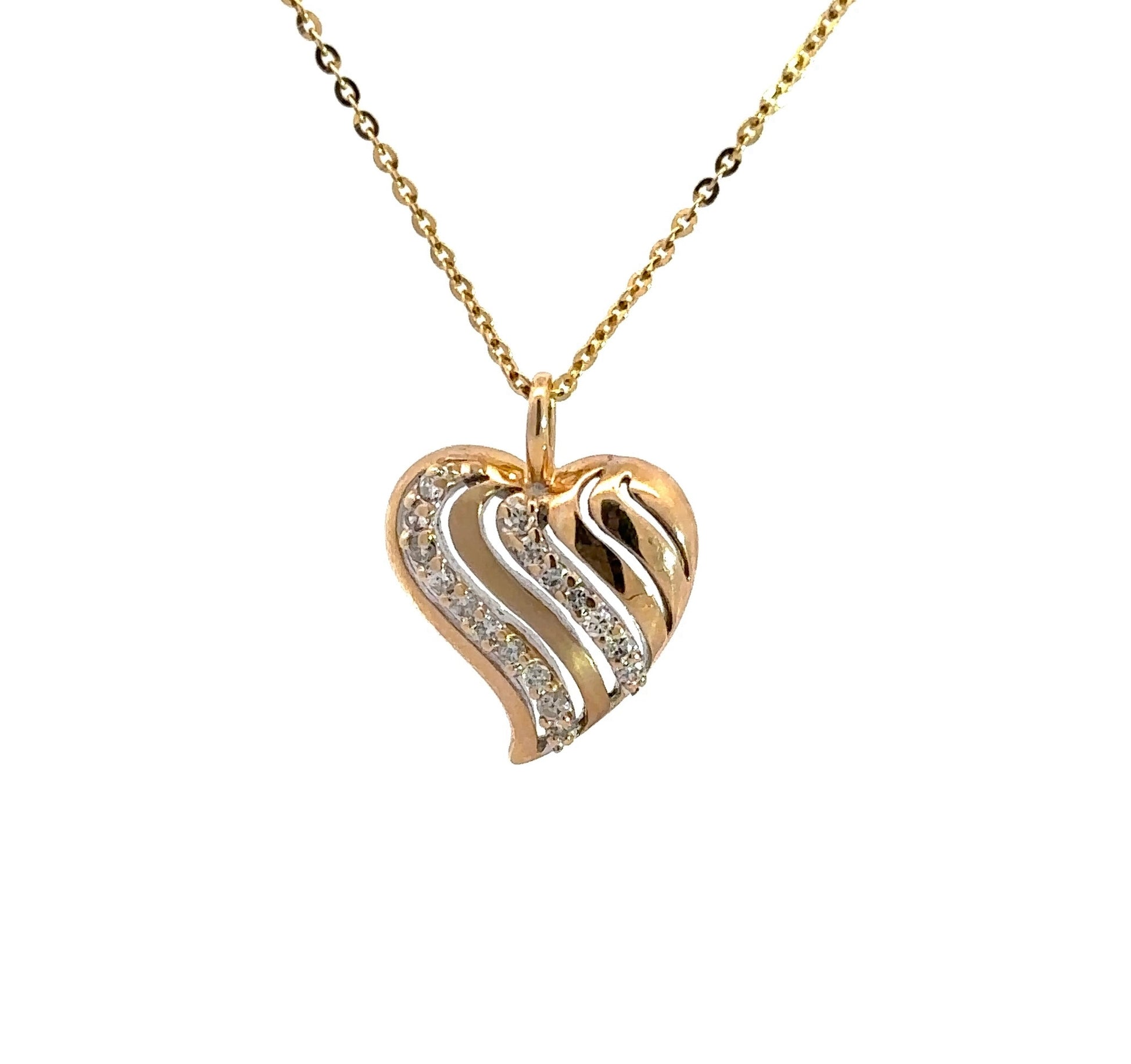 diamond heart necklace with 2 rows of diamonds and scratches on the gold heart