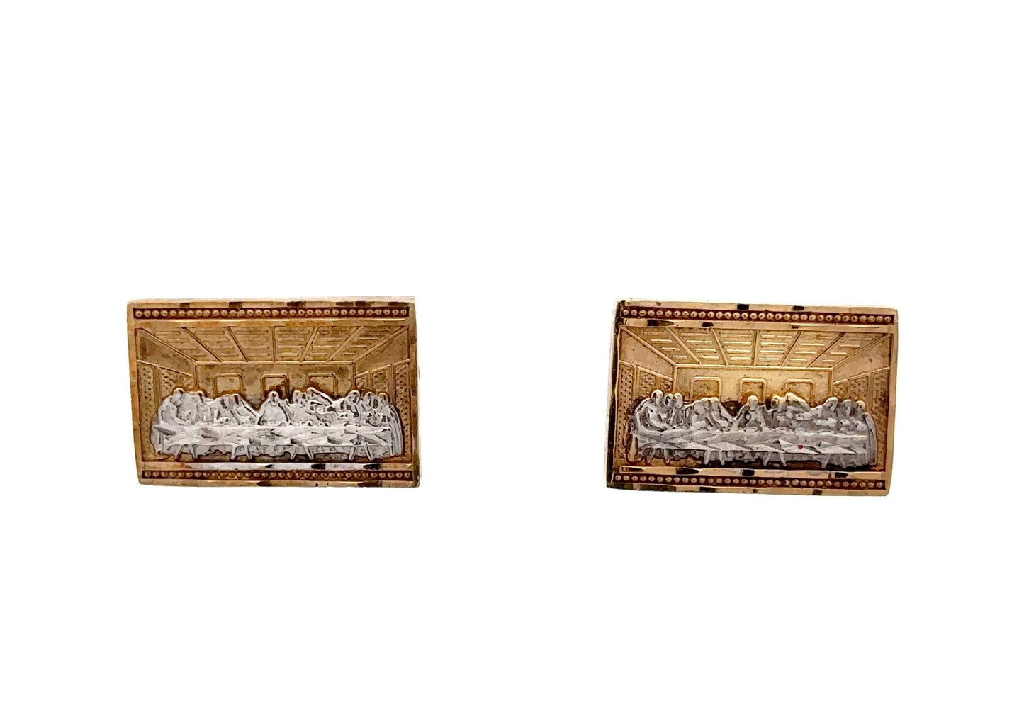 Front of last supper stud earrings with white gold dinner scene and yellow gold background
