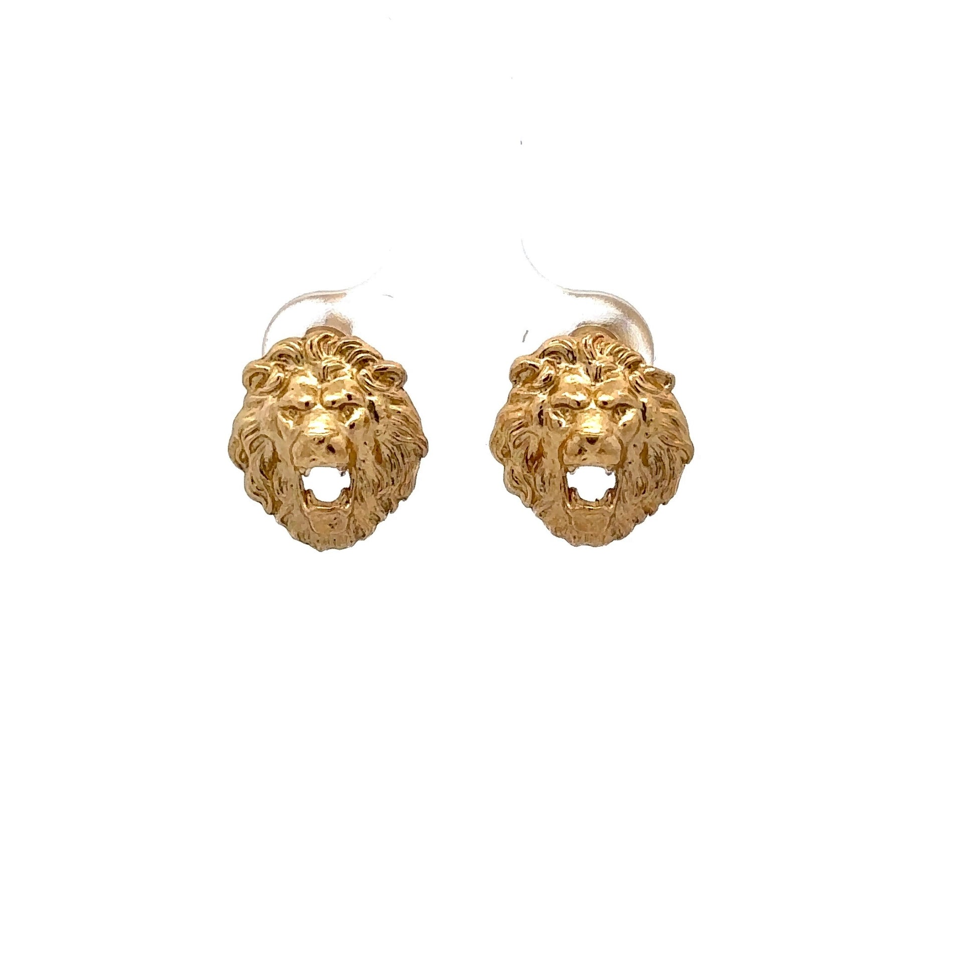front of lion stud earrings in yellow gold