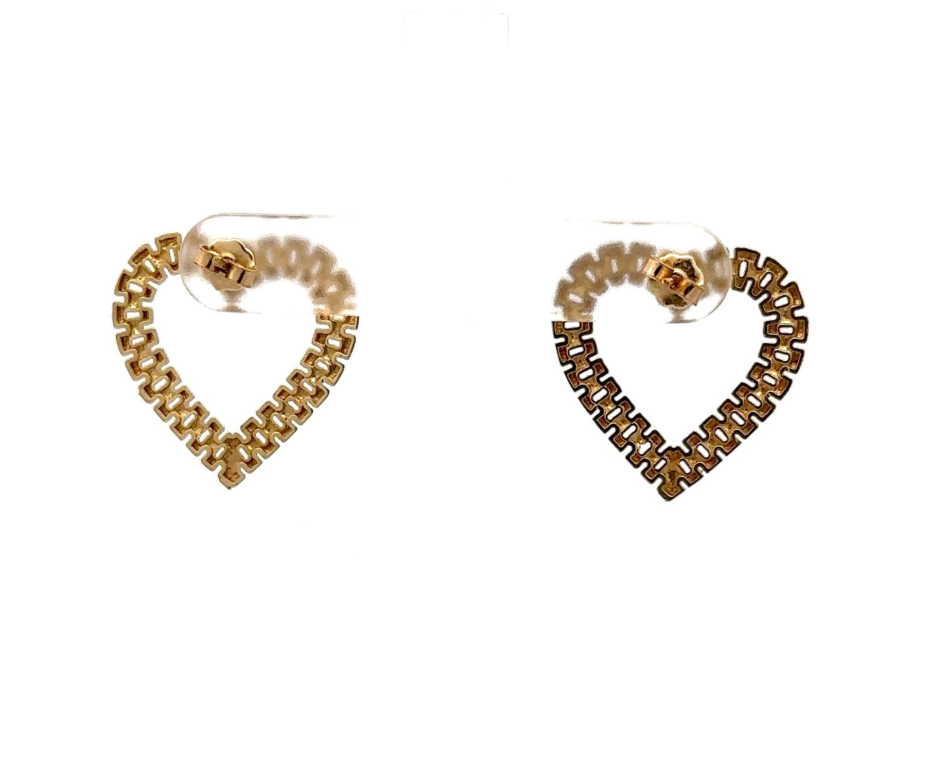back of yellow gold rolex style heart earrings with pushback closures