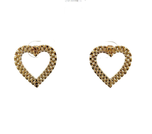 front of yellow gold rolex style heart earrings
