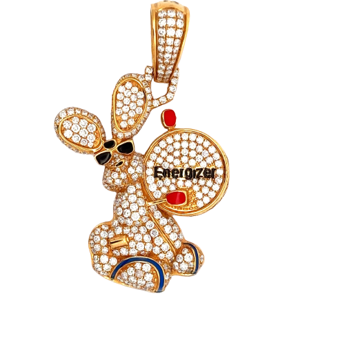 Front of the diamond battery rabbit pendant with black sunglasses and an Energizer drum covered in diamonds.