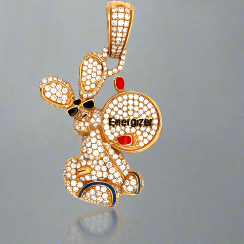 Front of the diamond battery rabbit pendant with black sunglasses and an Energizer drum covered in diamonds.