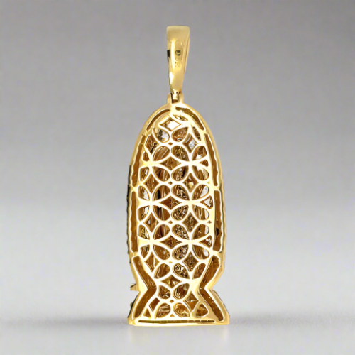 Back of Virgin Mary pendant. Open back with 10K stamp on the barrel. Scratches on gold.