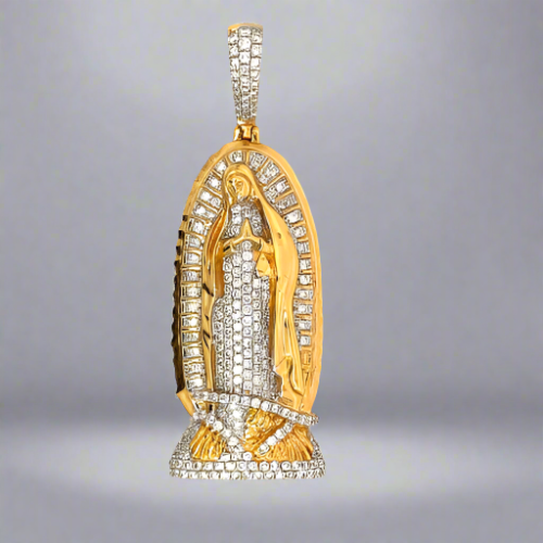 Front of Diamond Virgin Mary pendant. Diamonds on virgin Mary, diamonds around her, diamonds on the bottom, and diamonds on the barrel.