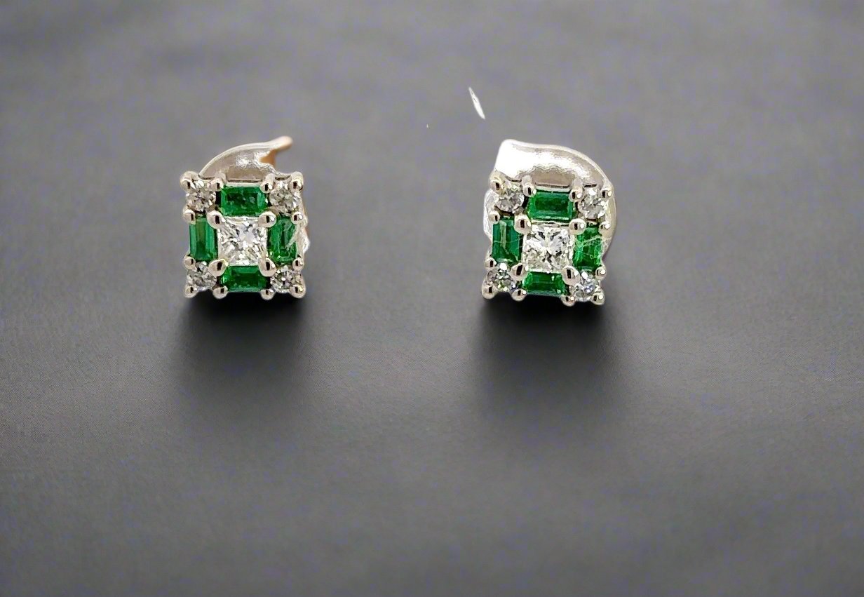 Front of diamond + emerald square earrings with 5 round diamonds + 4 emerald cut emerald gemstones each