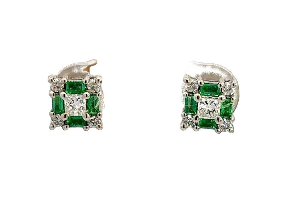 Front of diamond + emerald square earrings with 5 round diamonds + 4 emerald cut emerald gemstones each