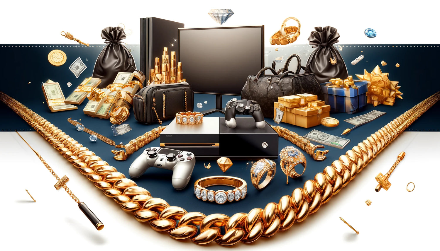 Picture of yellow gold chains, cash, electronics, rings, gifts, and handbags