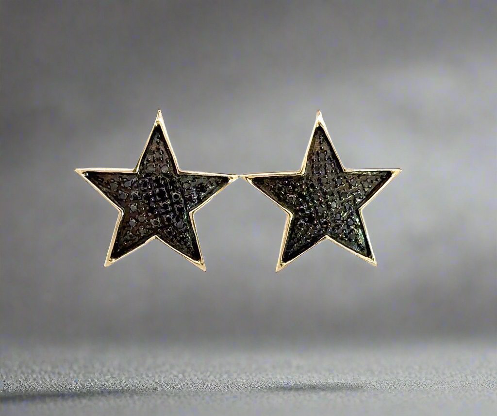 10K Yellow Gold .35TCW Black Diamond Star Unisex Stud Earrings