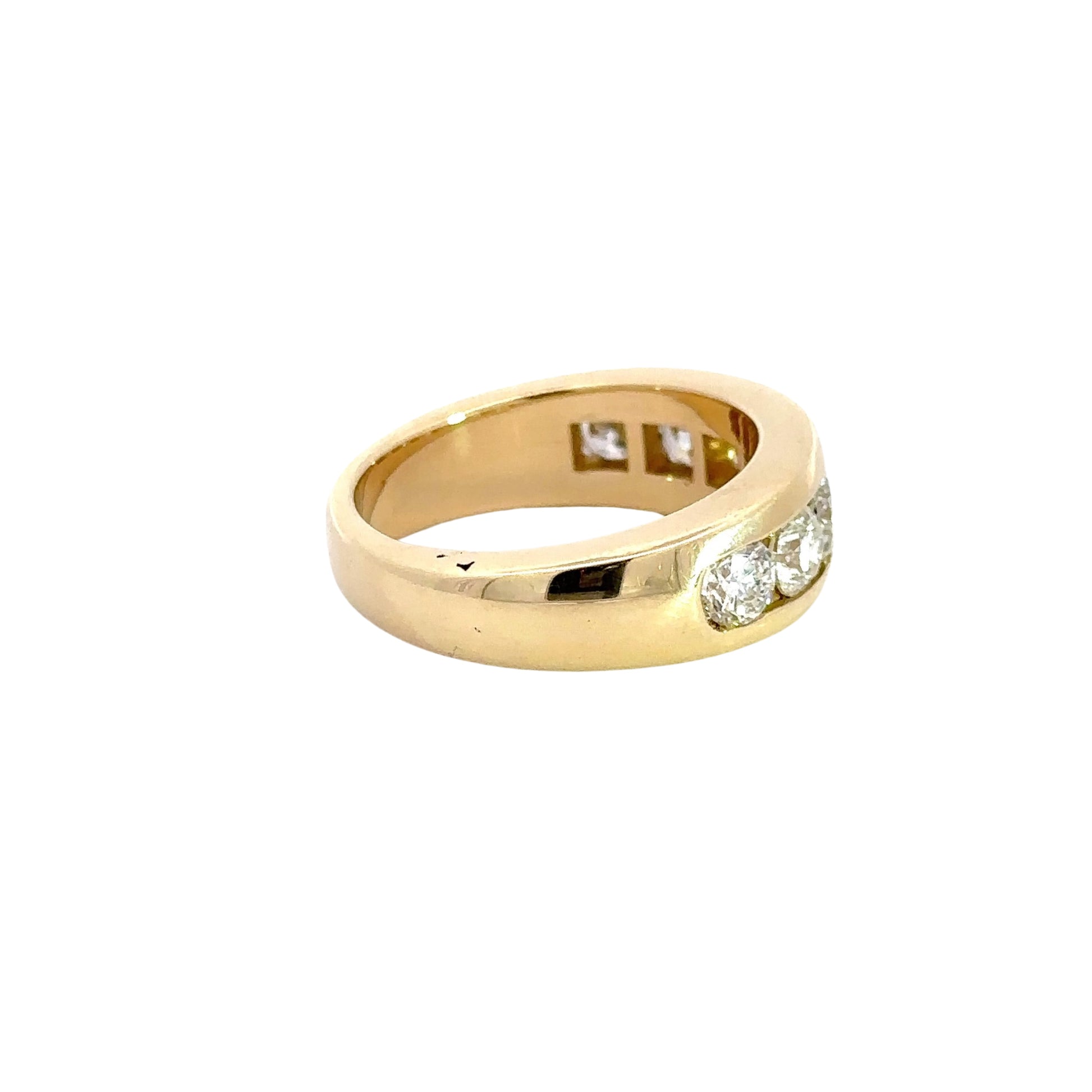 Shows side of 14k yellow gold diamond men’s band ring. Shows scratches in gold 