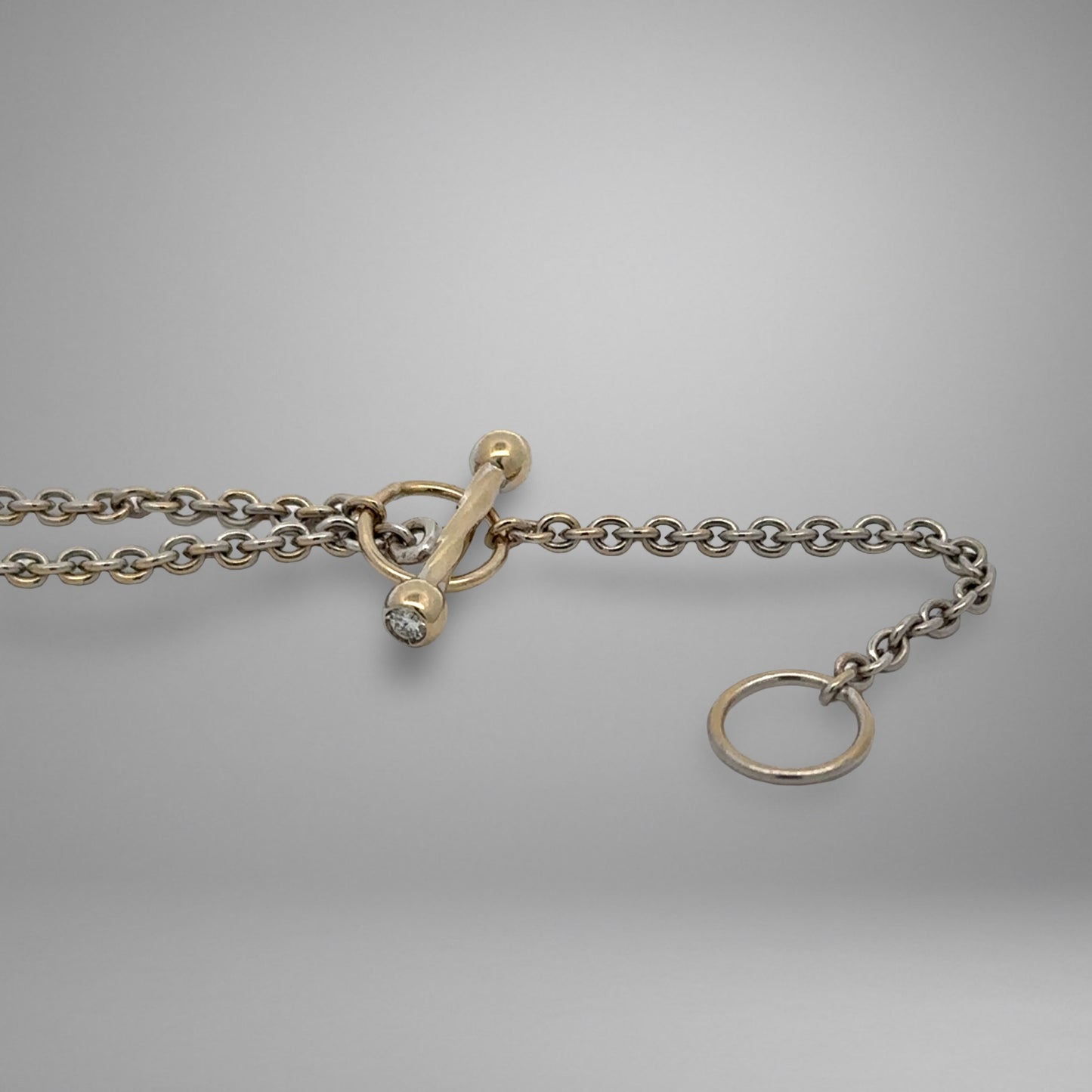 Silver chain with gold clasp on a gray background