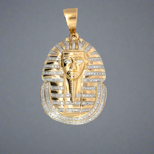 Front of the diamond pharaoh pendant. Diamond eyes and Diamonds throughout the hair and neck.