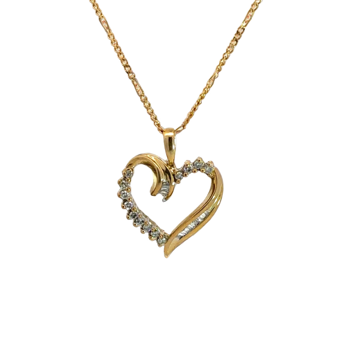 front of yellow gold diamond heart necklace with open gold