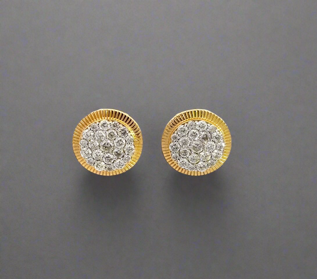 front of diamond earrings with a cluster of round diamonds and rolex-style bezel